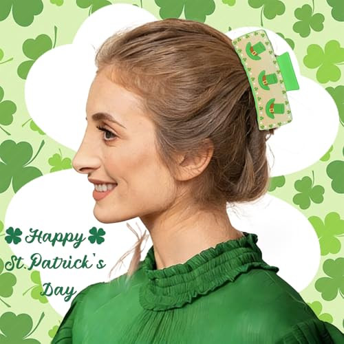 Ondder St Patricks Day Green Claw Clips Shamrock Hair Clips For Thick Hair Women Girls Holiday Green Hair Accessories 2 Pcs