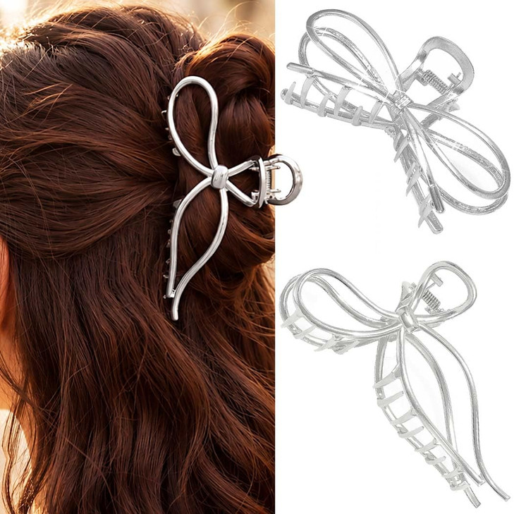 Pecieco Large Silver Metal Bow Claw Clips For Women Thick Hair 2 Pack
