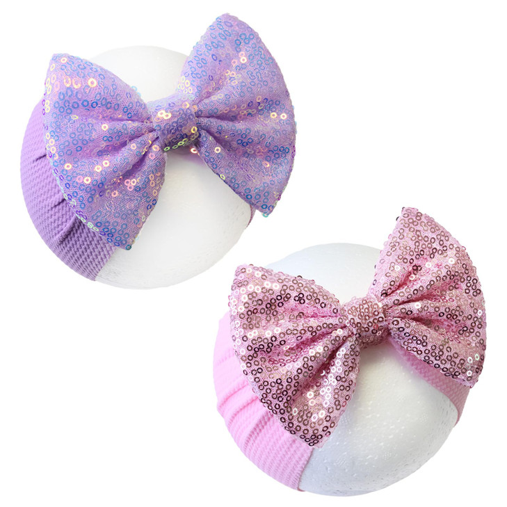 Helykaka Hairband 7 Sequin Bow Baby Headbands Purple And Pink Elastic Wide Hairbands For Baby Girls Newborn And Infant Hair Accessories Gift
