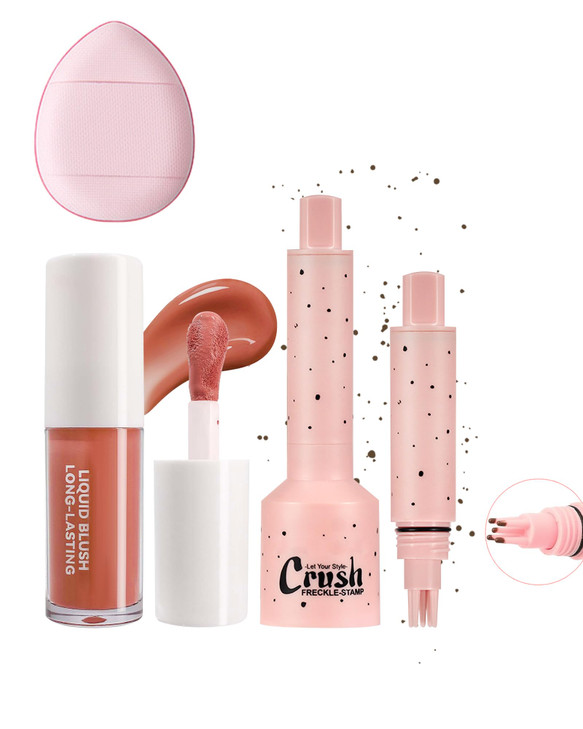2Pcs Freckle Stamp And Blush Set Natural Faux Freckles 2 In 1 Medium Brown Liquid Freckle Stamp And Coral Pink Cream Liquid Blush For Cheeks