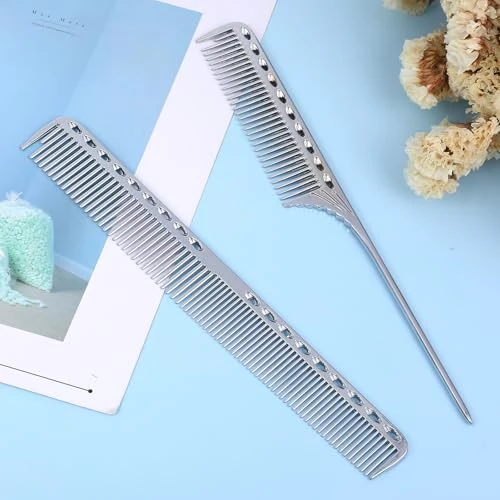 Stainless Steel Fine Tooth Comb 2 Pcs Metal Rat Tail Comb For Men Anti Static Professional Barber Hair Styling Combs Space Aluminum