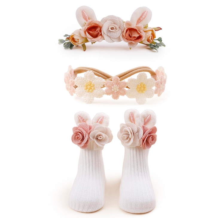 Cherrboll Girl Headbands And Socks Set 3Pcs Soft Floral Hairbands Knit Socks For Baby Newborn Infant Toddler Easter Photography Props