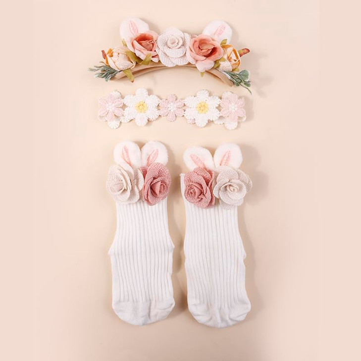 Cherrboll Girl Headbands And Socks Set 3Pcs Soft Floral Hairbands Knit Socks For Baby Newborn Infant Toddler Easter Photography Props