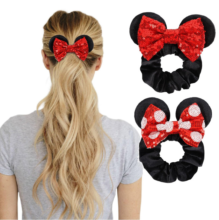 Women S Sequins Hair Bow Scrunchies Velvet Mouse Ear Hair Ties For Ponytail Party Favors Cosplay Costume Cute Accessories Red Black