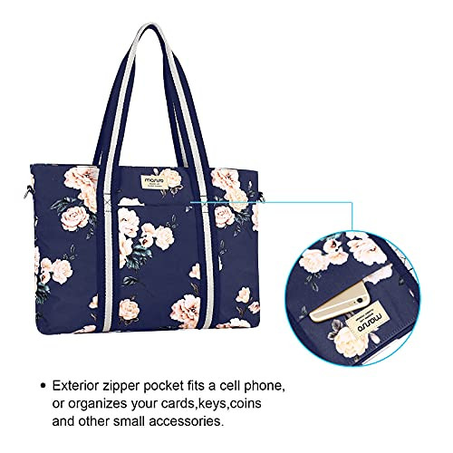 MOSISO Laptop Tote Bag for Women (17-17.3 inch), Canvas Camellia Multifunctional Work Travel Shopping Duffel Carrying Shoulder Handbag, Blue