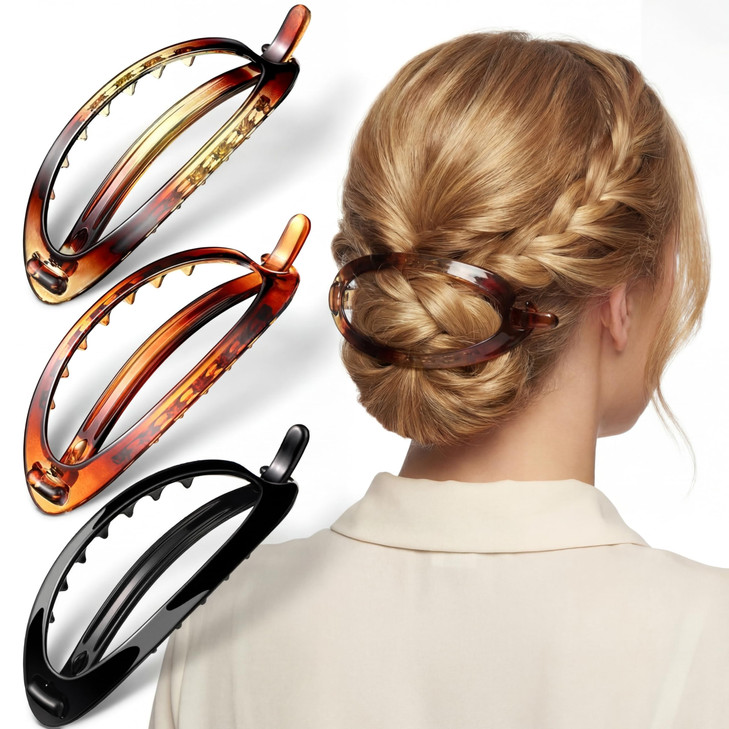 Yilloog 3 Pieces French Hair Barrette Clip French Clips Flexible Ponytail Holder Plain Strong Grip Closure Barrettes Styling No Metal Hair
