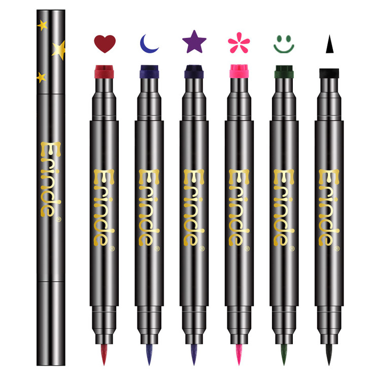 Erinde 6 Colors Liquid Winged Eyeliner Stamp Pen Set Double Ended Black Red Green Purple Blue Eye Liner Pencil Long Lasting Waterproof Stamp