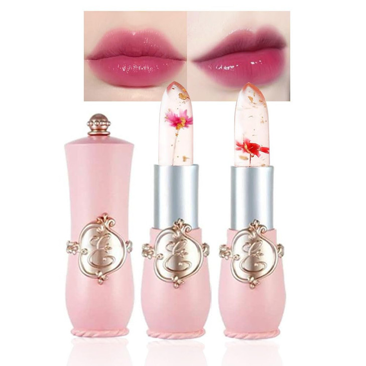 Bingbrush 2Pcs Color Changing Lipstick Pink Crystal Flower Jelly Ph Mood Long Lasting Labiales Lip Care Moisturizer Lip Balm Korean Magic