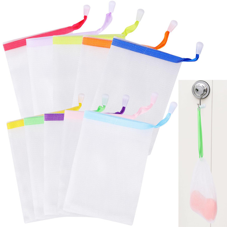 Mozeat Lens 10 Pcs Soap Bags Handmade Soap Bubble Mesh Bags Exfoliating Soap Saver Pouch Net Bags With Drawstring Body Facial Cleaning Tool