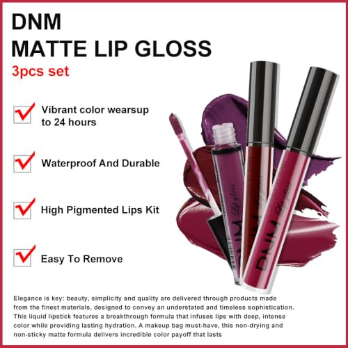 Evpct 3Pcs Dark Red Purple Plum Matte Liquid Lipstick Sets For Women Matte Lip Stain Long Lasting Waterproof Burgundy Blood Blue Red