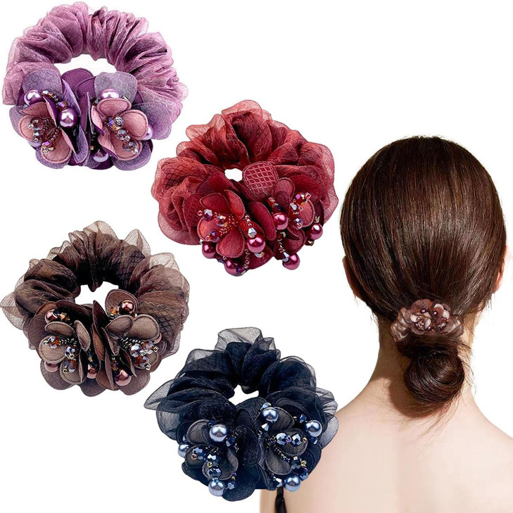 4 Pcs Flower Hair Scrunchies For Women Rhinestone Elastic Hair Bands Ponytail Holders Lace Hair Scrunchies Ties Elastics Bands Rubber