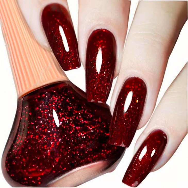 Cosmoo Wine Red Glitter Nail Polish 12Ml Wine Red Quick Dry Nail Lacquer For Nail Art Varnish 0.41 Fl Oz