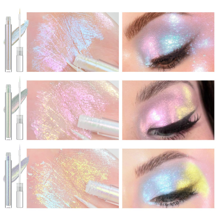 Jur Mornier 3Pcs Multichrome Liquid Eyeshadow Set Multi Dimensional Fairy Makeup High Pigment Waterproof Aurora Eye Shadow Ultre Fine Tip