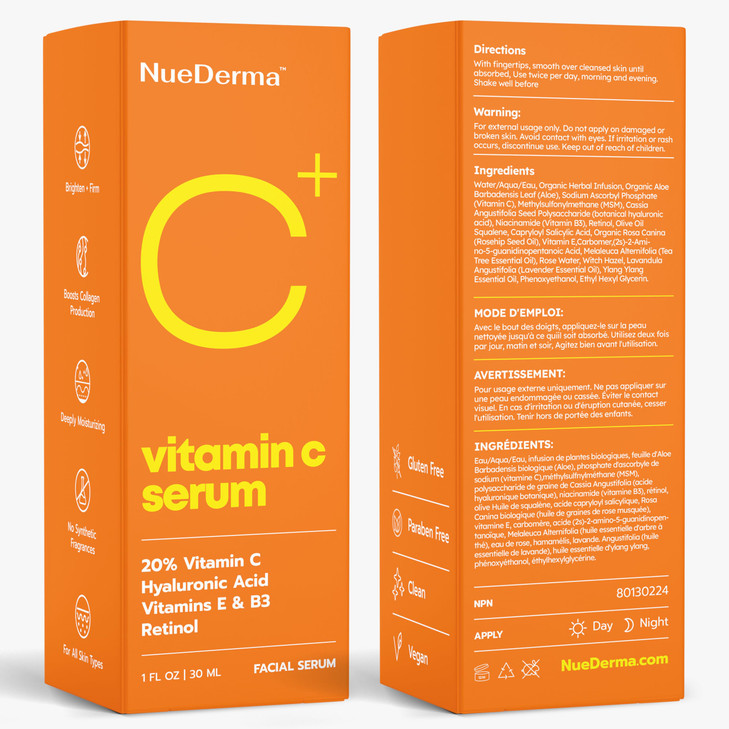 NueDerma Vitamin C Serum For Face Anti Aging, Brightening, Retinol, Aloe, Hyaluronic Acid, Vitamins E, B3. Boosts Collagen