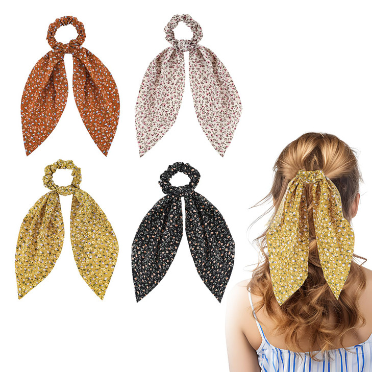 Tyqour 4Pcs Floral Hair Scarf Scrunchies Floral Hair Scarf With Long Ribbon Bow Scrunchies Boho Elastic Floral Bow Hair Ties Hair