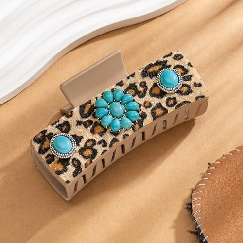 Mixcbe Western Turquoise Hair Clip With Leopard Pattern Cowgirl Brown Square Hair Clip 4.1 Inch Large Western Cowgirl Stuff Gift For Women