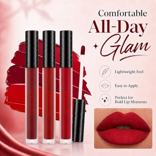 Badcolor 3 Colors Red Matte Liquid Lipstick Set Burgundy Ruby Red Lip Stain For Women High Impact Long Lasting Velvet Lip Stick Nonstick Cup
