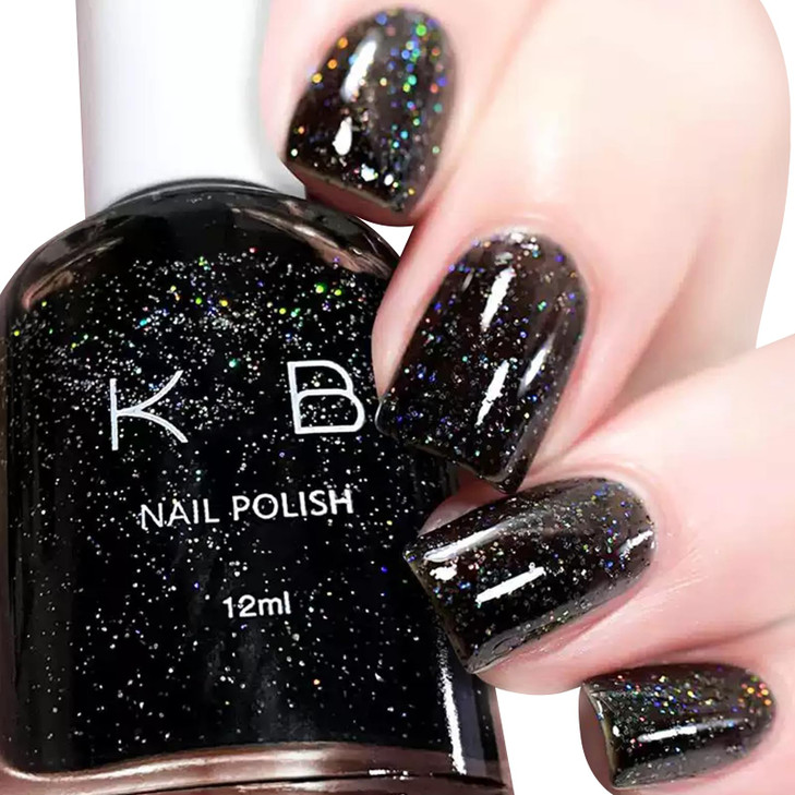 Cosmoo Black Glitter Quick Dry Nail Polish 12Ml Shimmer Chip Resistant Diy Nails Art For Ladies Vegan Fast Drying Streak Long Lasting