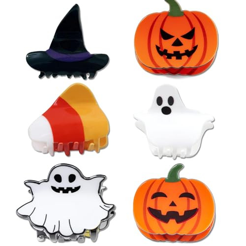 6PCS Halloween Hair Claw Clips for Girls Pumpkin Ghost Bat Spider Web Face Devil Cute Candies Hair Clips Hair Accessories for Women