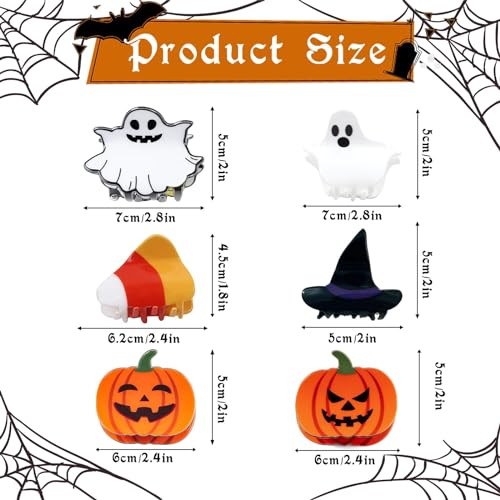 6PCS Halloween Hair Claw Clips for Girls Pumpkin Ghost Bat Spider Web Face Devil Cute Candies Hair Clips Hair Accessories for Women