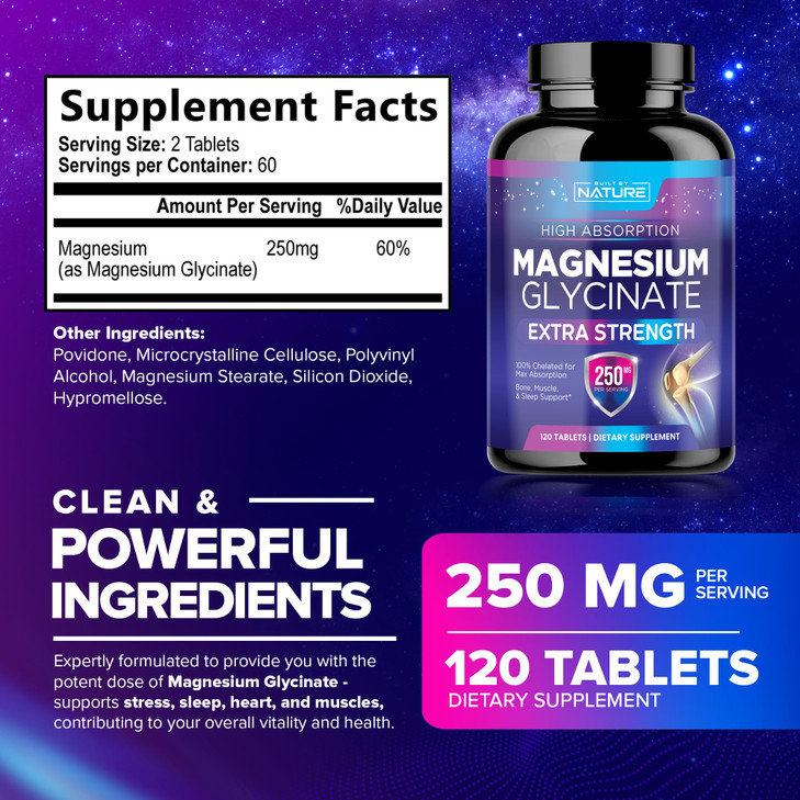 Magnesium Glycinate 250mg - High Absorption Chelated Magnesium Supplement - 100% Pure Magnesium Glycinate - Stress, Sleep, Heart, and Muscle Health S