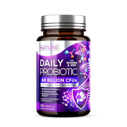 Built by Nature Probiotic for Women & Men  60 Billion CFU, 10 Strains + Prebiotics & Digestive Enzymes  Supports Digestive, Immune, Reduce Gas & Bl