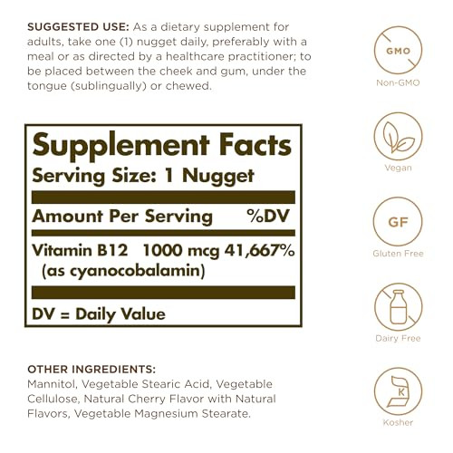 Solgar Sublingual Vitamin B12 1000 mcg - 100 Nuggets - Non-GMO, Vegan, Gluten Free, Dairy Free, Kosher, Halal - 100 Servings