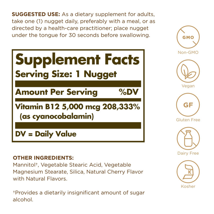 Solgar Vitamin B12 5000 mcg - 30 Nuggets - Promotes Nervous System Health - Non-GMO, Vegan, Gluten & Dairy Free - 30 Servings