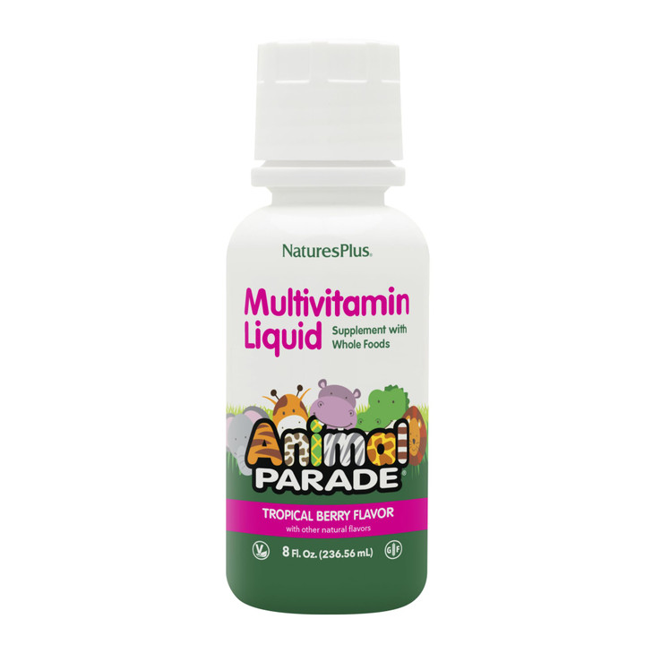 NaturesPlus Animal Parade Children's Liquid Multivitamin - Tropical Berry Flavor - 8 fl oz - Whole Food Supplement - Vegetarian, Gluten Free - 16 Ser