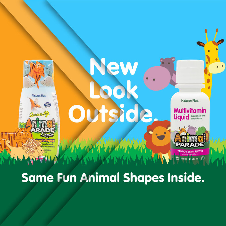 NaturesPlus Animal Parade Children's Liquid Multivitamin - Tropical Berry Flavor - 8 fl oz - Whole Food Supplement - Vegetarian, Gluten Free - 16 Ser
