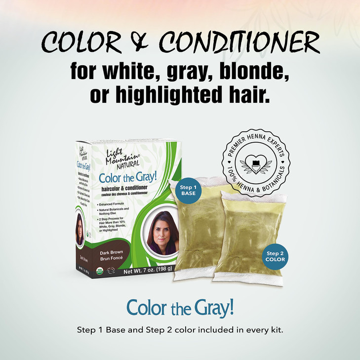 Light Mountain Henna Hair Color & Conditioner, Color the Gray - Dark Brown Hair Dye for Men/Women, Chemical-Free Semi-Permanent Hair Color for White,
