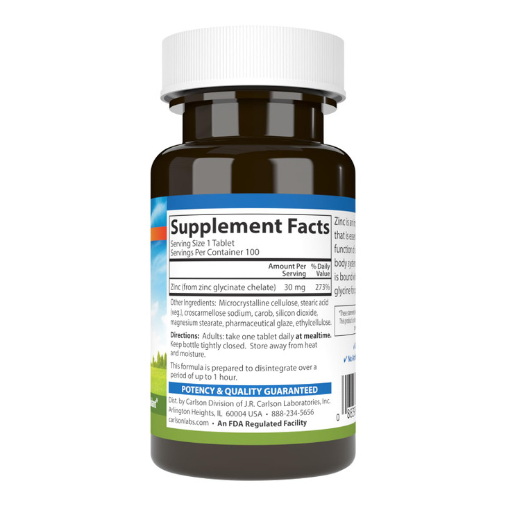 Carlson - Chelated Zinc, 30 mg - Superior Absorption, Immune Support & Enzyme Function, Antioxidant, 100 tablets