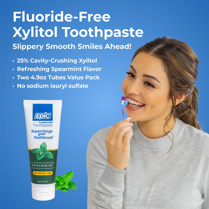 Epic Xylitol Toothpaste for Adults - Fluoride-Free Toothpaste with 25% Xylitol - SLS-Free Formula for Dry Mouth & Fresh Breath - Spearmint, 4.9oz (2-