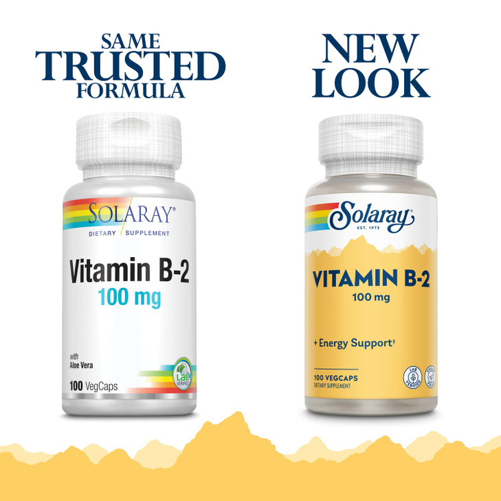 SOLARAY Vitamin B2 Supplement 100 mg for Men & Women - Riboflavin Vitamin B-2 Caps for Cellular Energy Support, Vit B2 100mg, Vegan, Non-GMO - 100 Ve