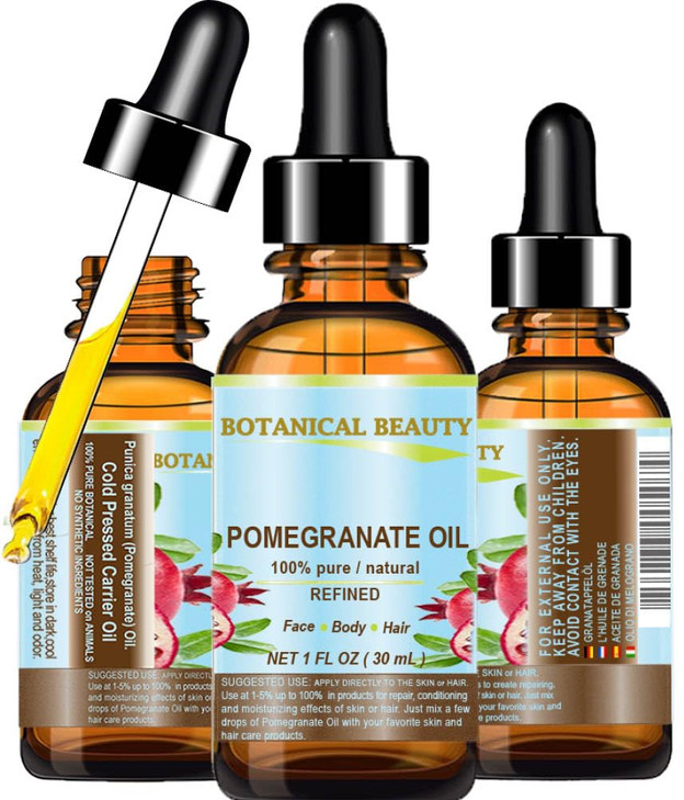 Botanical Beauty POMEGRANATE OIL 100% Pure Natural Refined Cold-pressed Carrier oil 1 Fl oz 30 ml for Face, Skin, Body, Hair, Lip, Nails. Rich in vit