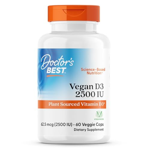 Doctors Best Vegan Vitamin D3 2500 IU Veg Caps - Vegan Vitamin D Supplement for Men & Women, Helps Support Calcium Absorption, Heart Health & Immune