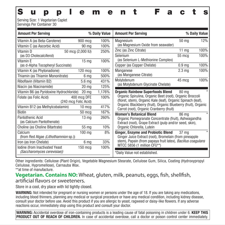 Rainbow Light Womens Multivitamin One + | 30 Caplets | Real Food Nutrients, Digestive Enzymes & Probiotics
