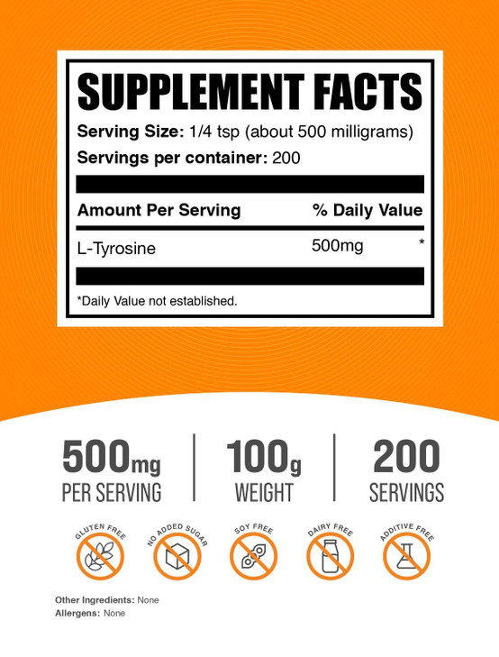 BulkSupplements.com L-Tyrosine Powder - Sports Nutrition, Amino Acid Supplement - Unflavored & Gluten Free, 500mg per Serving, 100g (3.5 oz) (Pack of