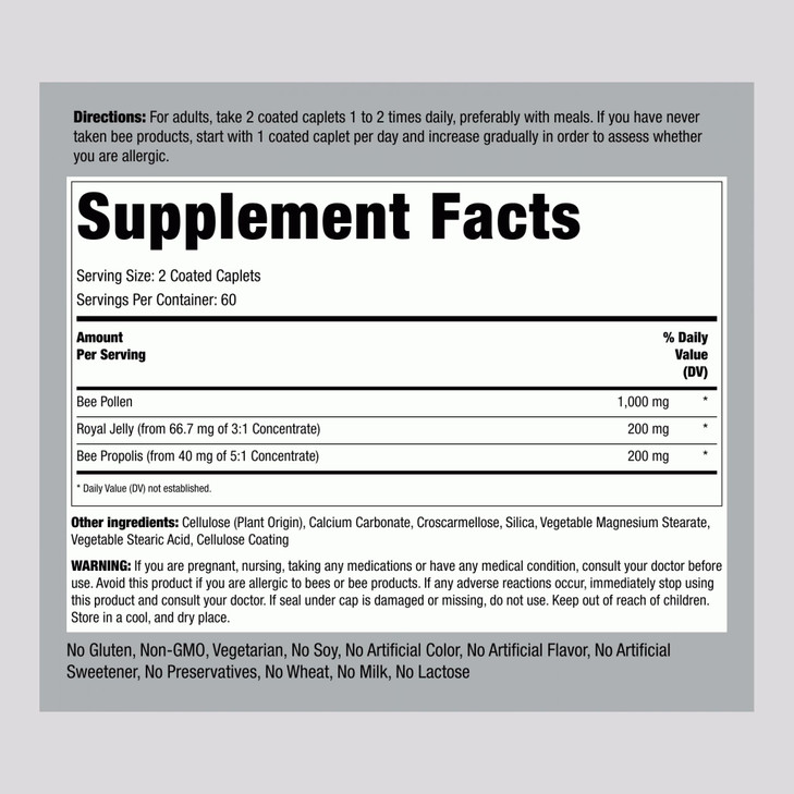 Piping Rock Bee Pollen with Royal Jelly and Propolis | 120 Caplets | Complex Supplement for Women and Men | Non-GMO, Gluten Free