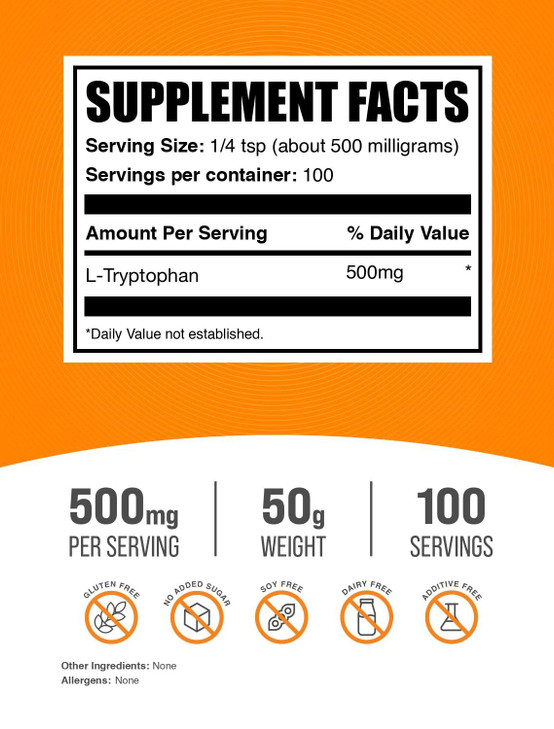 BulkSupplements.com L-Tryptophan Powder - Tryptophan Supplement, Amino Acid Supplement - Gluten Free, 500mg per Serving, 50g (1.8 oz) (Pack of 1)
