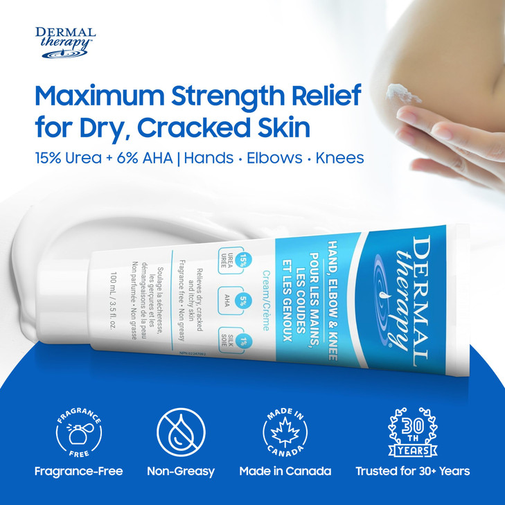 Dermal Therapy Hand Elbow & Knee Cream with 15% Urea & 6% AHA - Deeply Hydrates & Exfoliates Dry, Cracked Skin on Hands, Elbows & Knees - Fragrance-F