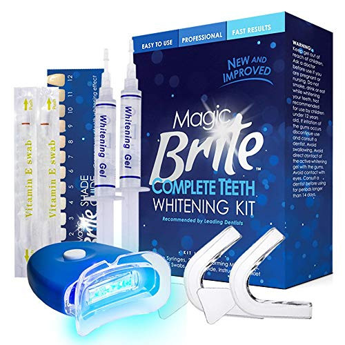 MagicBrite Complete Teeth Whitening Kit at Home Whitener - LED Light, 35% Carbamide Peroxide, 2 Mouth Trays, (3) 3ml Gel Syringes, Painless Effective