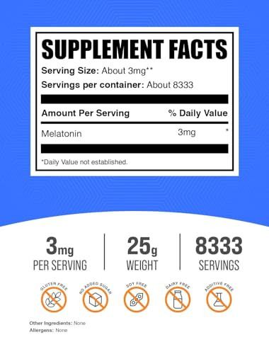 BulkSupplements.com Melatonin Powder - Pure Melatonin, Sleep Aid for Adults - Vegan & Gluten Free, 3mg per Serving, 25g (0.88 oz) (Pack of 1)