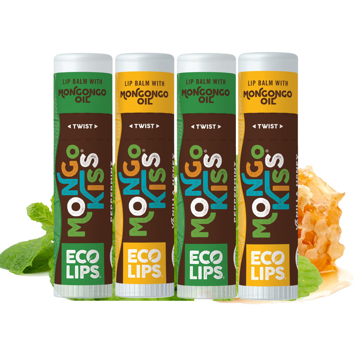 Eco Lips Mongo Kiss Organic Lip Balm 4 Pack - 100 Percent USDA Organic - Soothe, Moisturize Dry, Cracked and Chapped Lips - Made in USA (Peppermint &