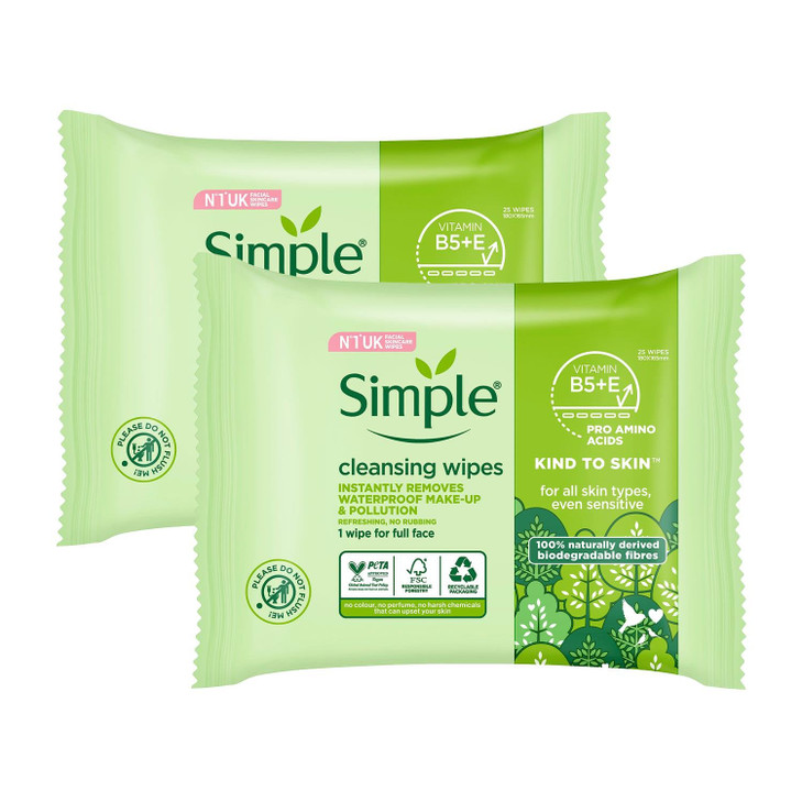 Simple Cleansing Facial Wipes 25 Each (Pack of 2)