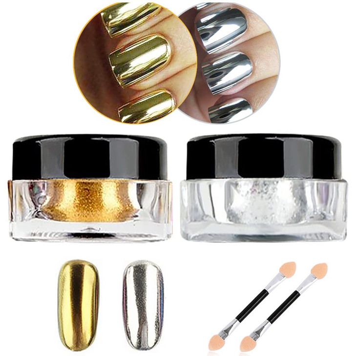 Metallic Chrome Powder Hisight 2 pcs Nail Art Mirror Glitter Chrome Pigment Powder Dust Nail Sequins Gold Silver Color Nail Art Tools with Sponge Sti