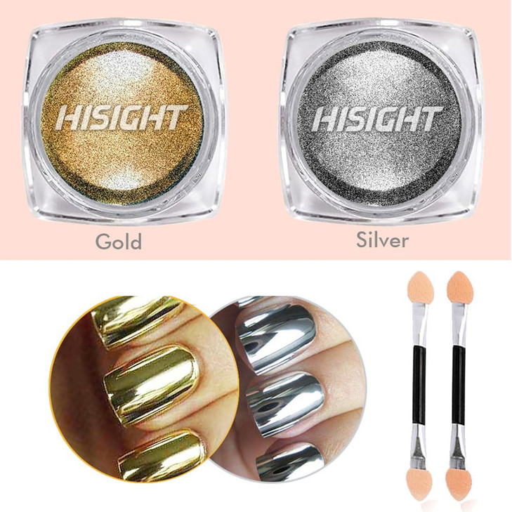Metallic Chrome Powder Hisight 2 pcs Nail Art Mirror Glitter Chrome Pigment Powder Dust Nail Sequins Gold Silver Color Nail Art Tools with Sponge Sti