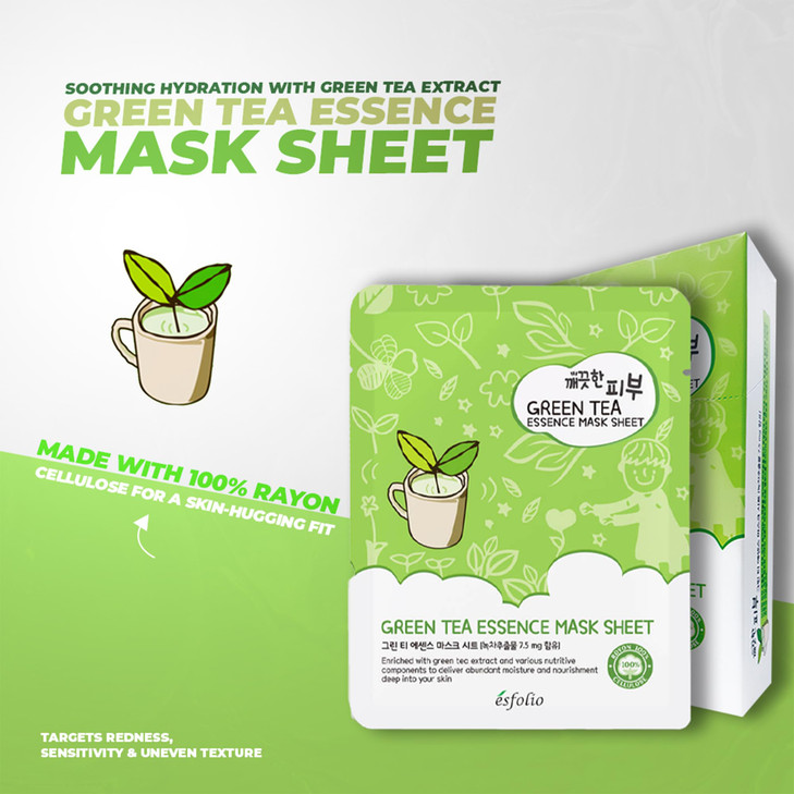 Esfolio Green Tea Essence Face Mask  Hydrating, Soothing, Antioxidant-Rich Sheet Mask for All Skin Types  Moisturizing, Revitalizing Face Treatment