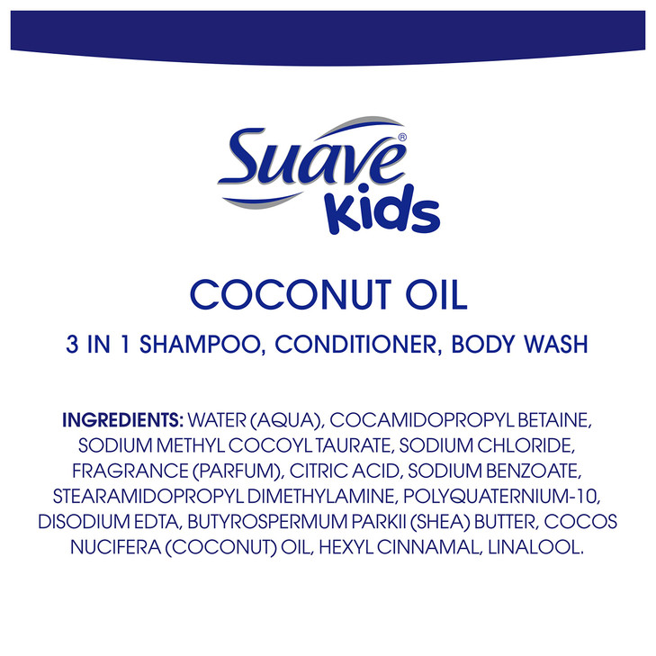 Suave Kids 3 in 1 Shampoo, Conditioner, Body Wash With Coconut Oil for Moisture Soap That's Tear-Free 20 oz