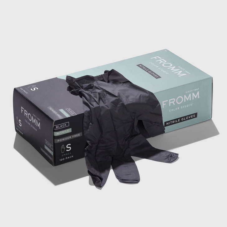 Fromm Color Studio Disposable Powder Free Nitrile Gloves for Hair Salon, Small, Black Color Hide Stains for Hair Coloring, Hair Dye, Nail Salon, and